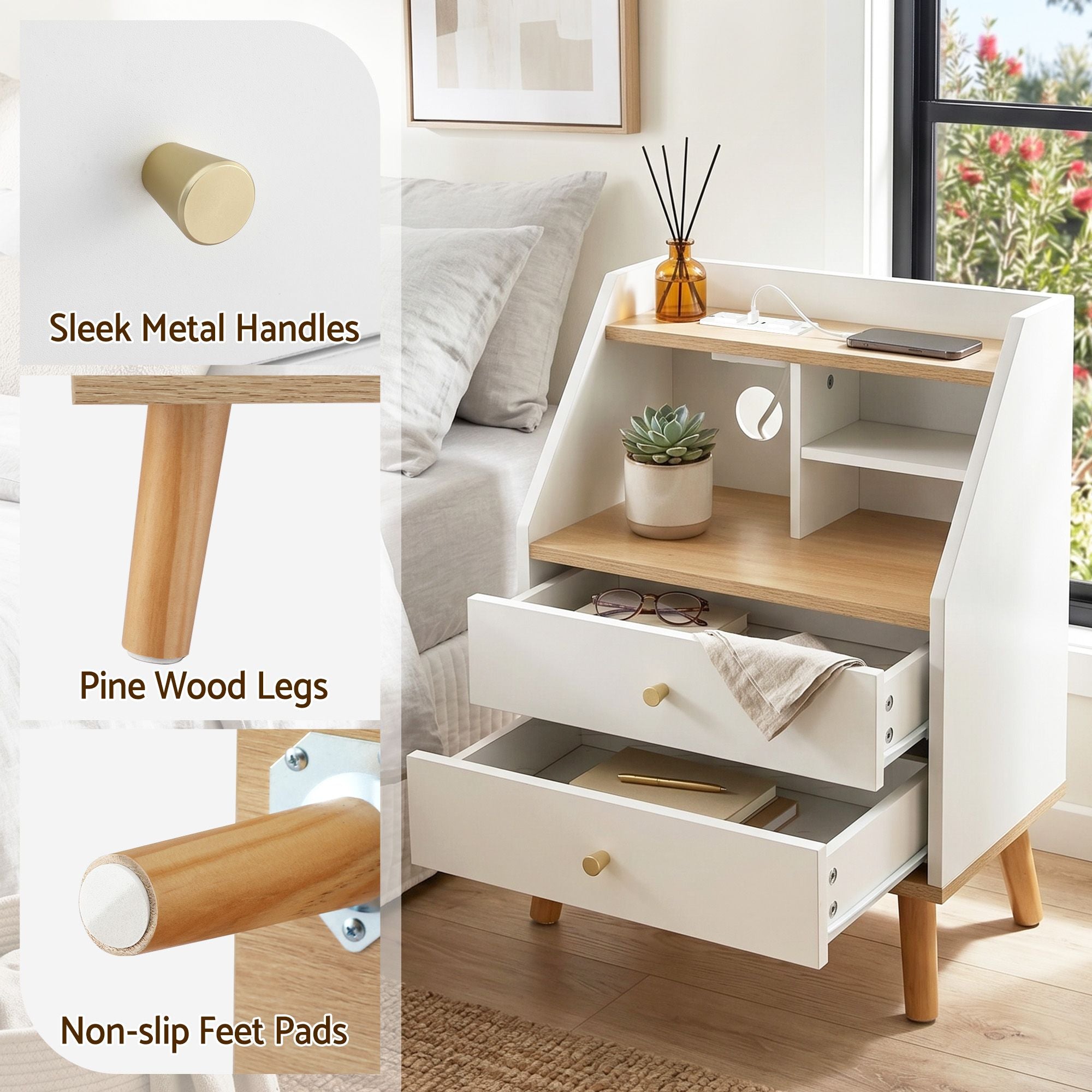 Bedside Table 2 Drawers Charging Station White and Pine