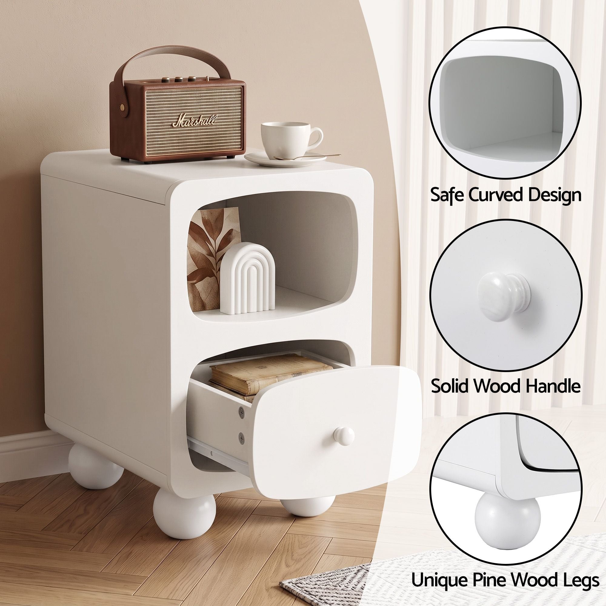 Bedside Table with Storage Drawer and Pine Wood Legs - White