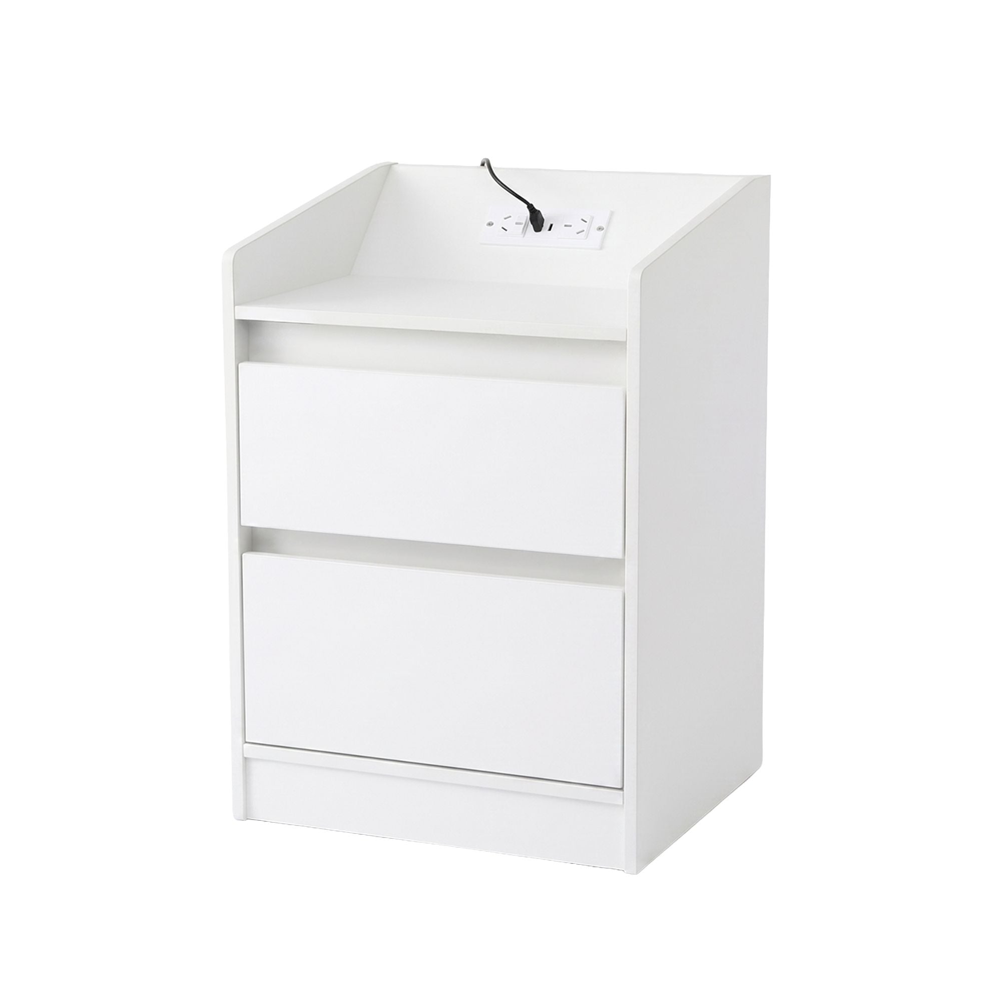 Bedside Table Nightstand with Charging Station 2 Drawers LED White