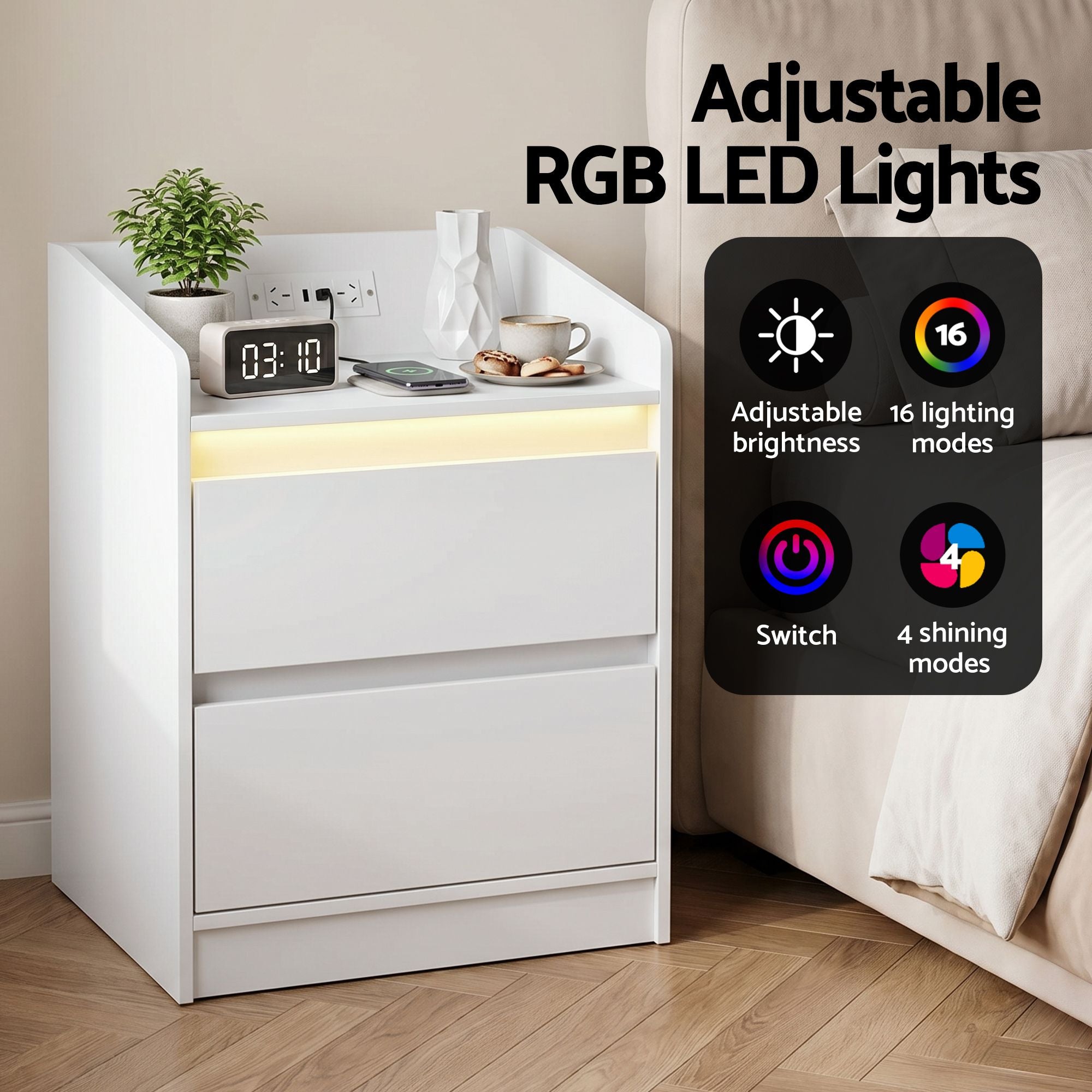 Bedside Table Nightstand with Charging Station 2 Drawers LED White
