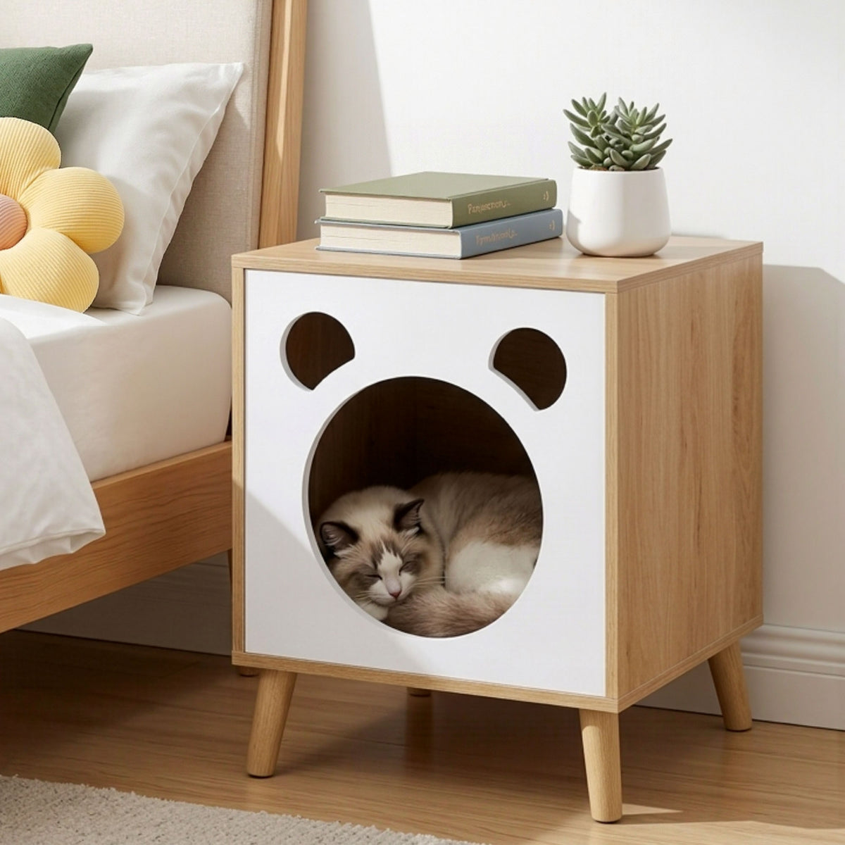 Cat Nest Bedside Table with Solid Wood Legs