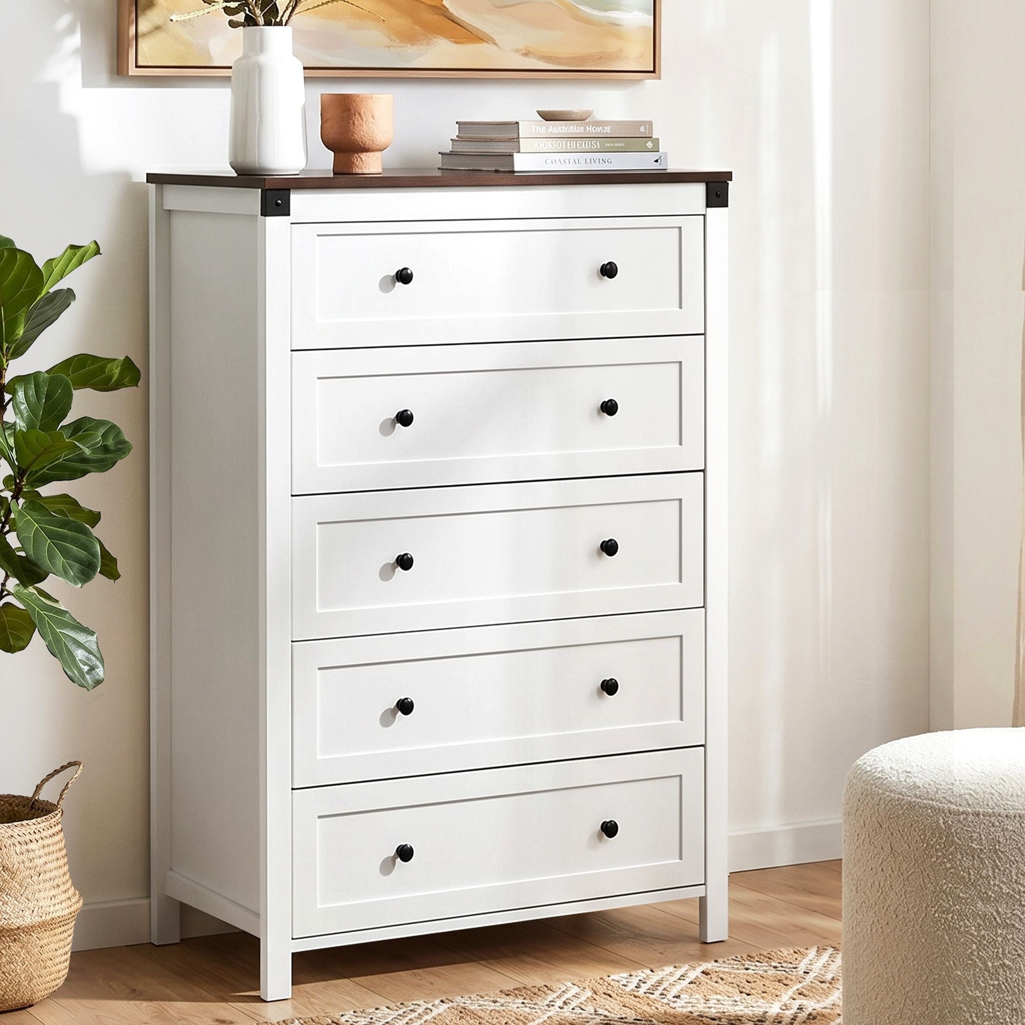 5 Chest of Drawers Storage Tallboy White & Walnut