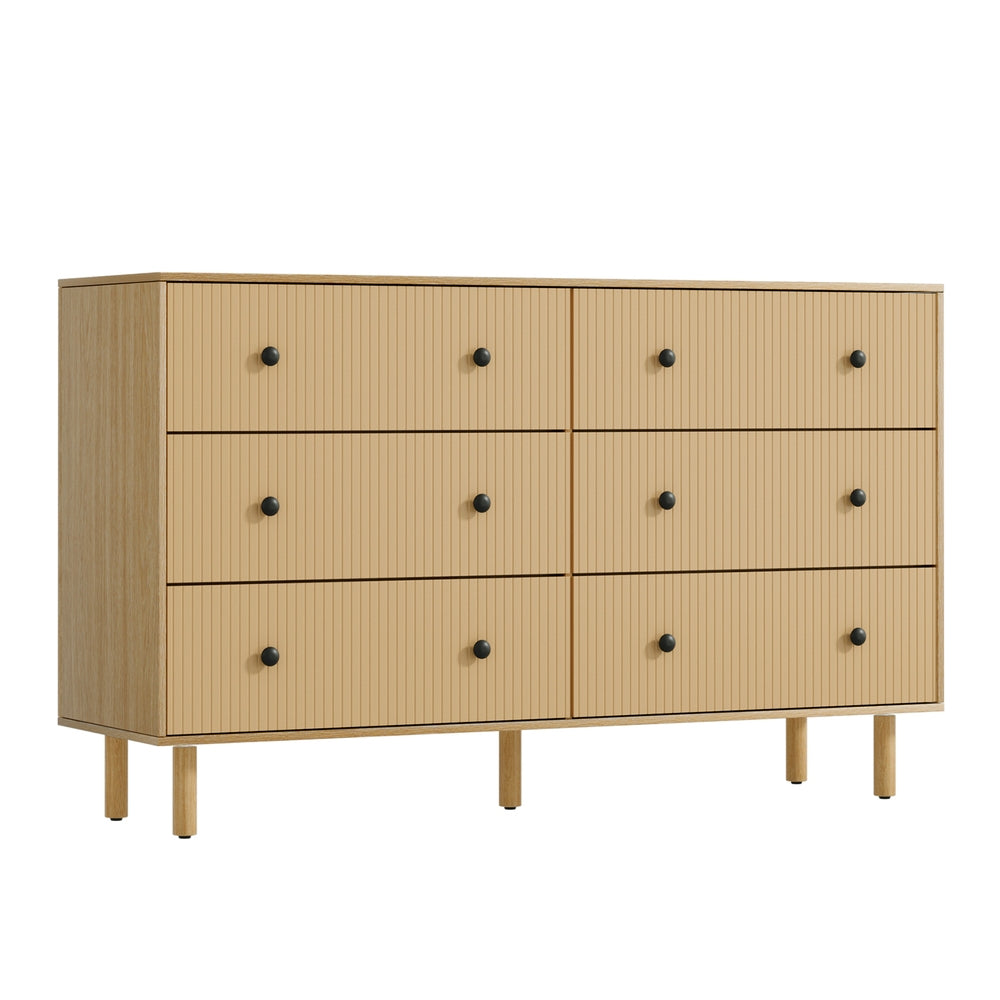 Flutted Front 6 Drawer Lowboy Dresser Oak
