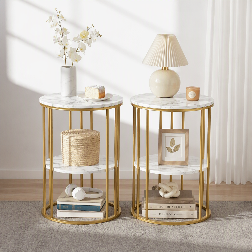 Set of 2 Marble Effect Round 2-Tier Side Tables - White & Gold