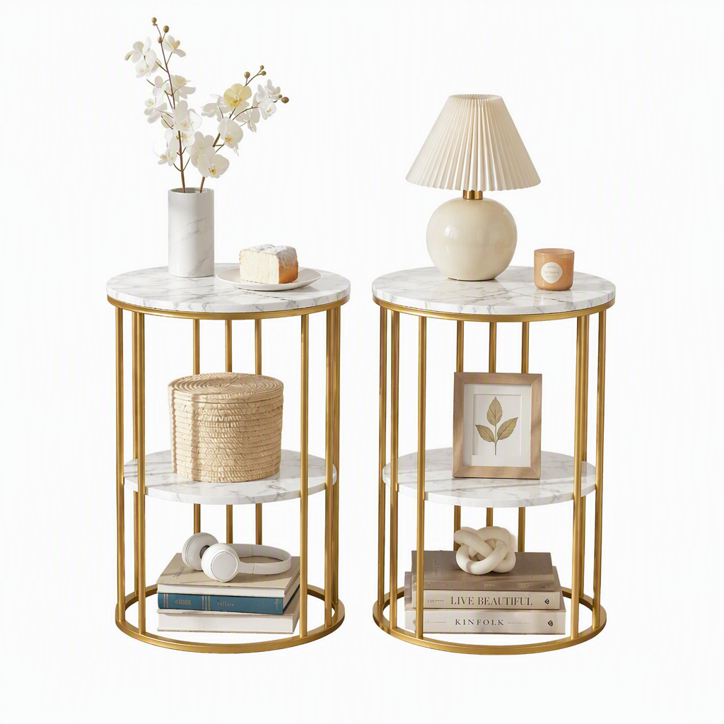 Set of 2 Marble Effect Round 2-Tier Side Tables - White & Gold