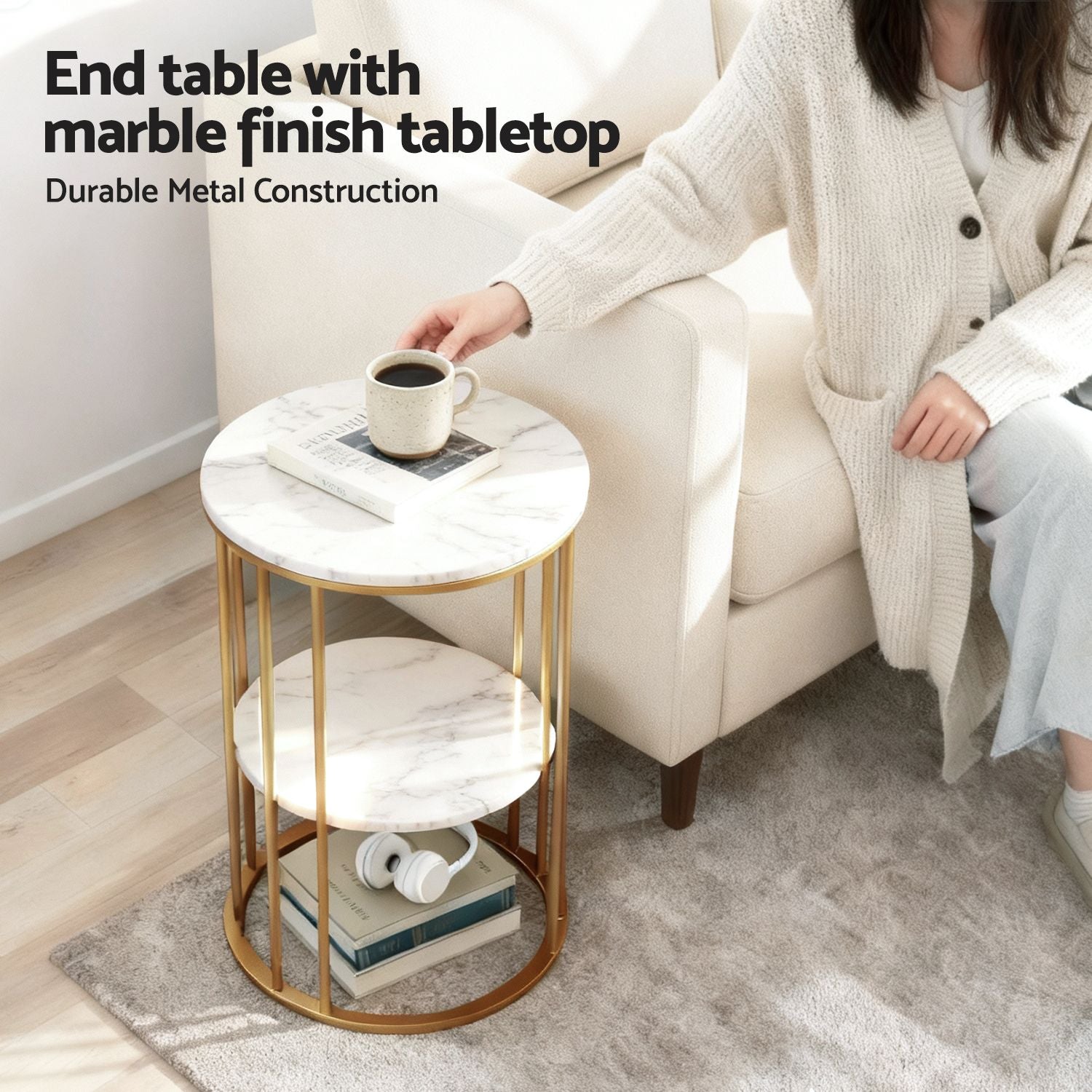 Set of 2 Marble Effect Round 2-Tier Side Tables - White & Gold