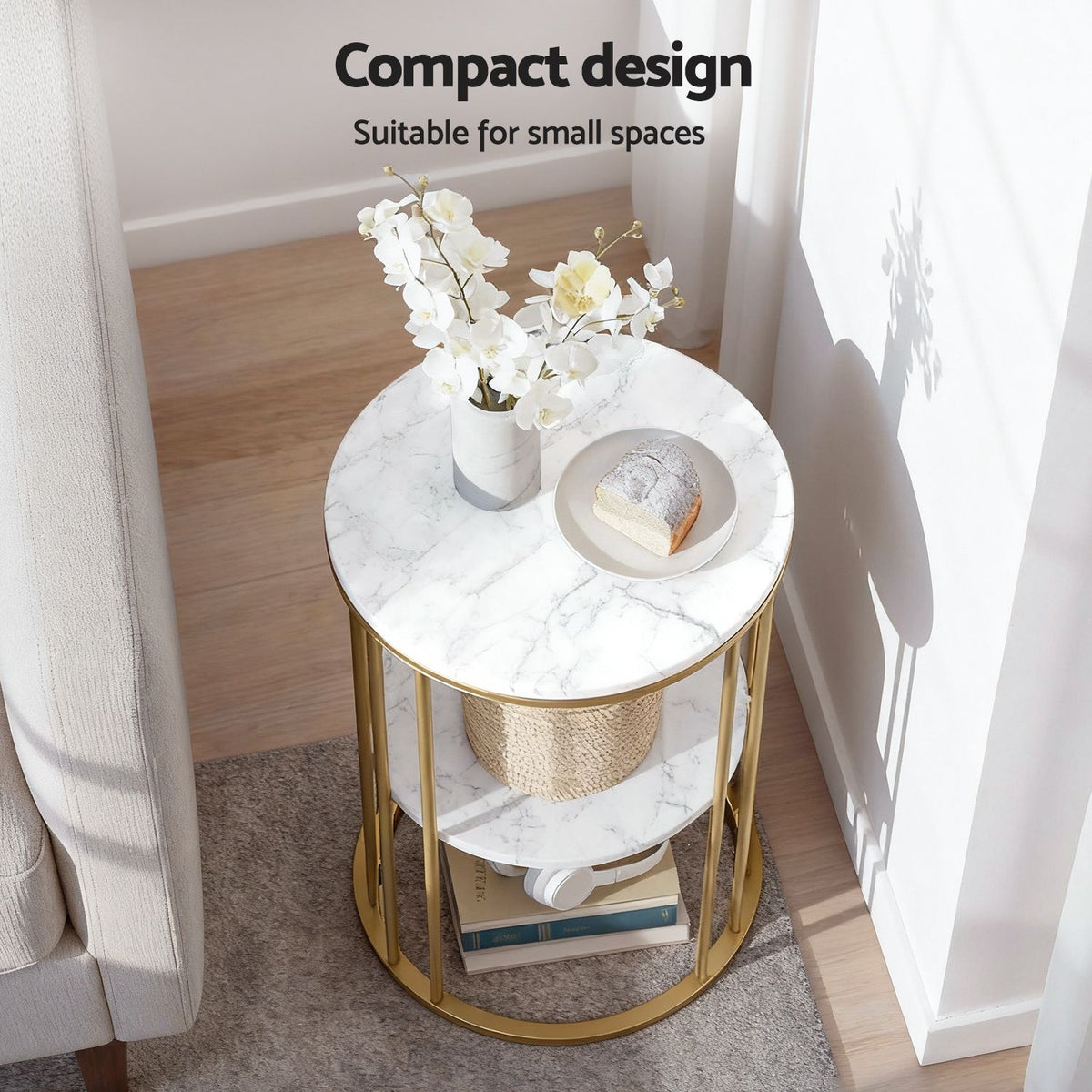Set of 2 Marble Effect Round 2-Tier Side Tables - White & Gold