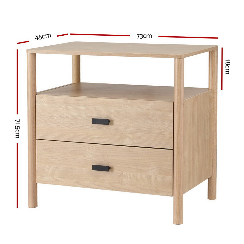 Modern Bedside Table Nightstand with 2 Drawers - Pine in light wood with black handles, shown with dimensions on white background