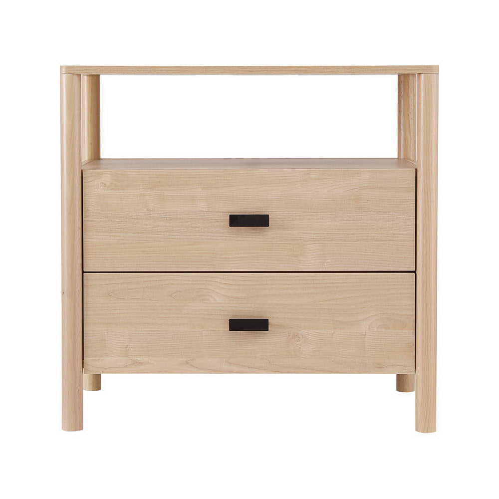 Modern Bedside Table Nightstand with 2 Drawers - Pine in natural wood finish, featuring black handles and open shelf for bedroom furniture.