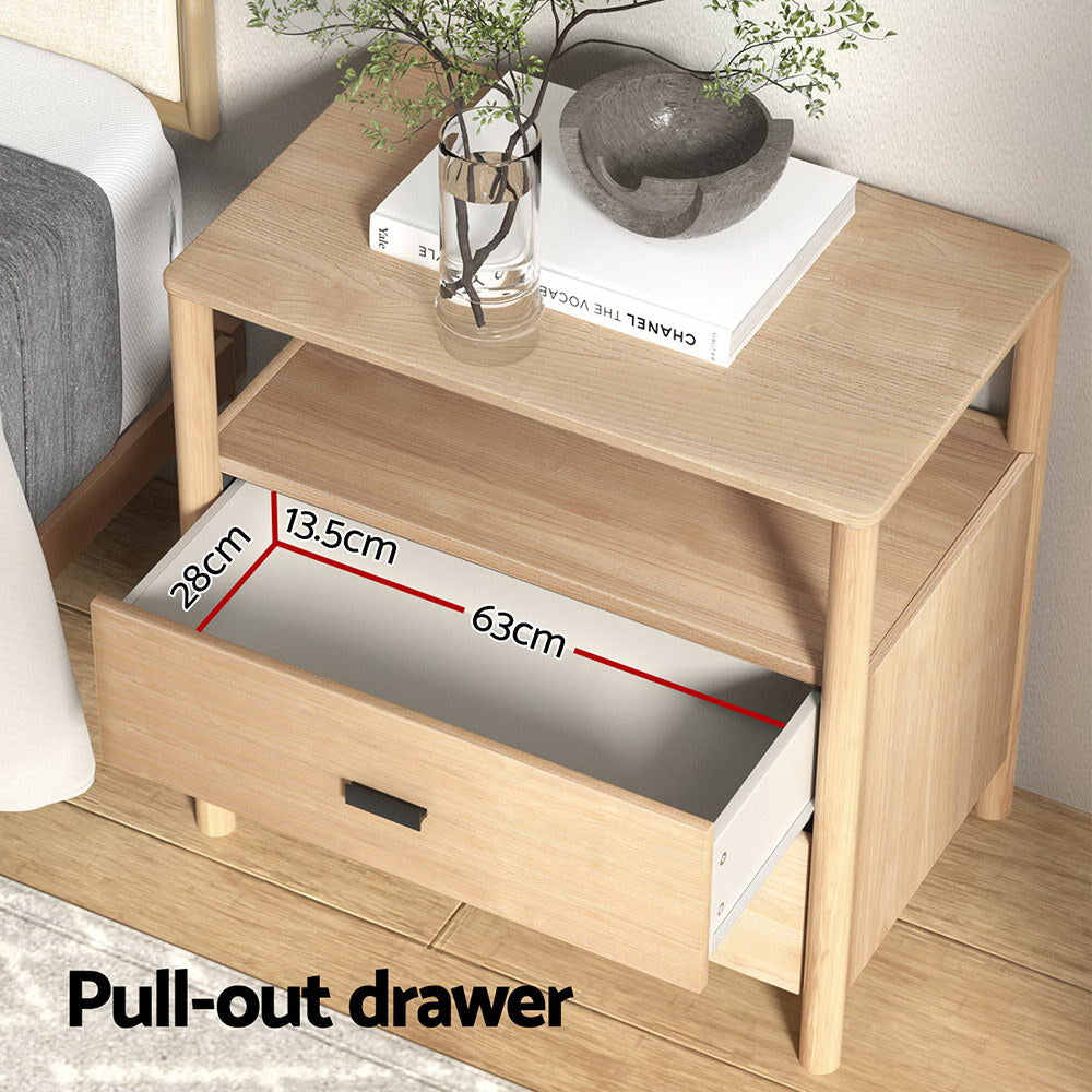 Modern Bedside Table Nightstand with 2 Drawers - Pine showing open pull-out drawer with measurements and decorative items on top