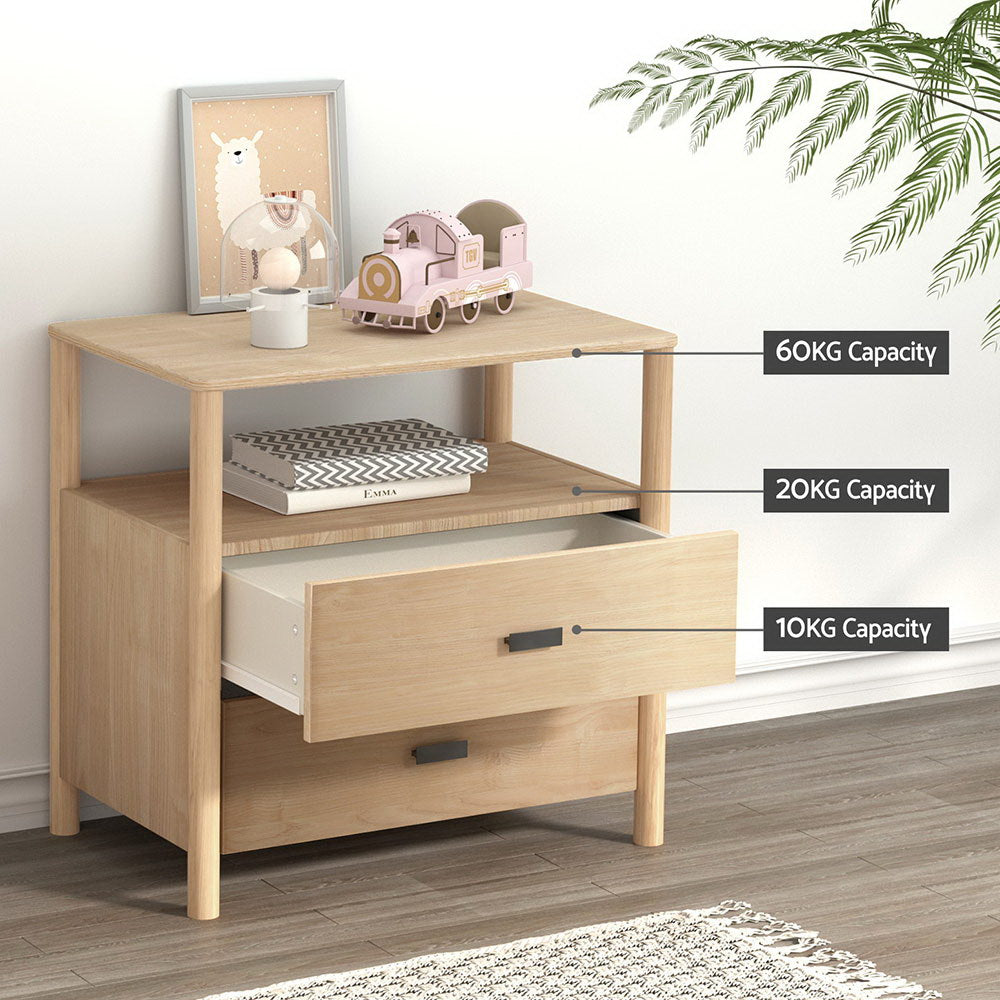 Modern Bedside Table Nightstand with 2 Drawers - Pine, wooden bedside table with storage shelves and drawer handles in bedroom setting