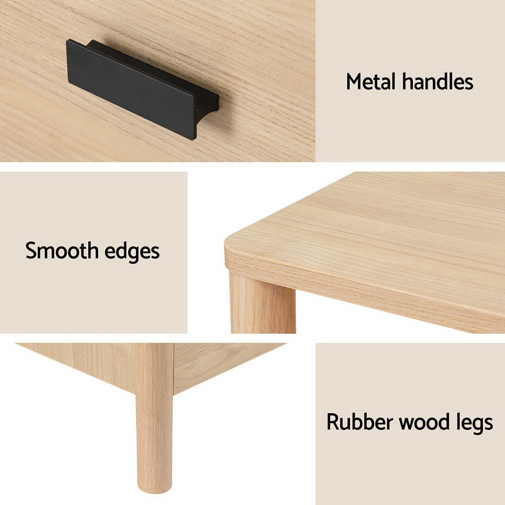 Details of Modern Bedside Table Nightstand with 2 Drawers - Pine showing metal handles, smooth edges, and rubber wood legs