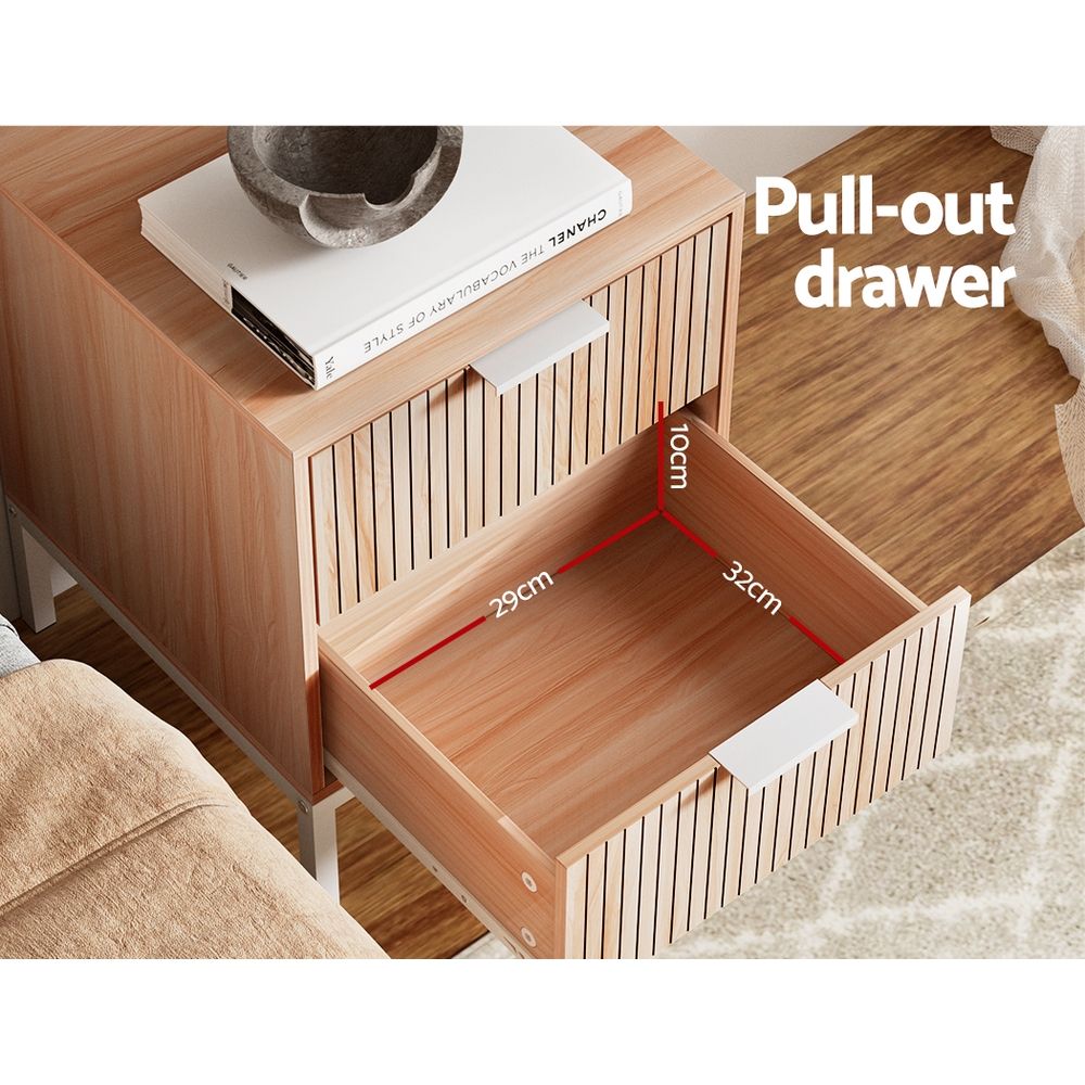 2X Bedside Table 2 Drawers Storage Nightstand Cabinet Metal Legs Pine