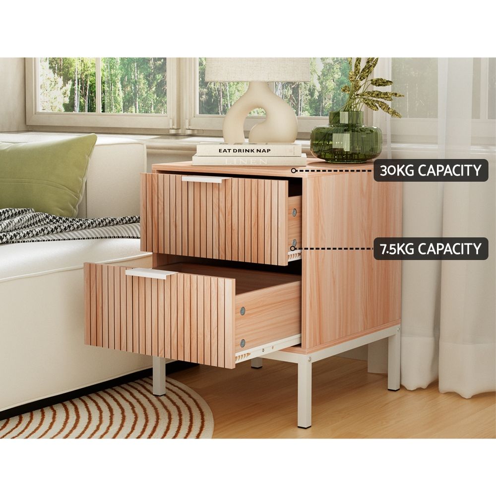 2X Bedside Table 2 Drawers Storage Nightstand Cabinet Metal Legs Pine