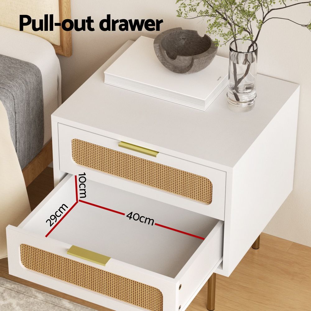 2x Rattan Bedside Table 2 Drawers White