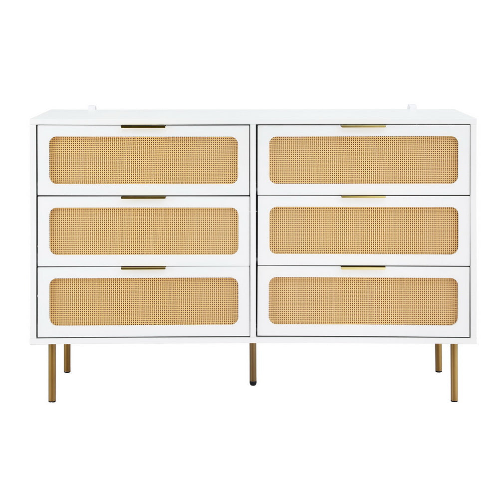 Byron 6-Drawer Rattan Tallboy – White & Pine
