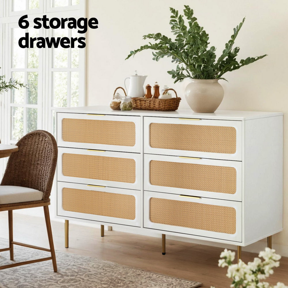 Byron 6-Drawer Rattan Tallboy – White & Pine