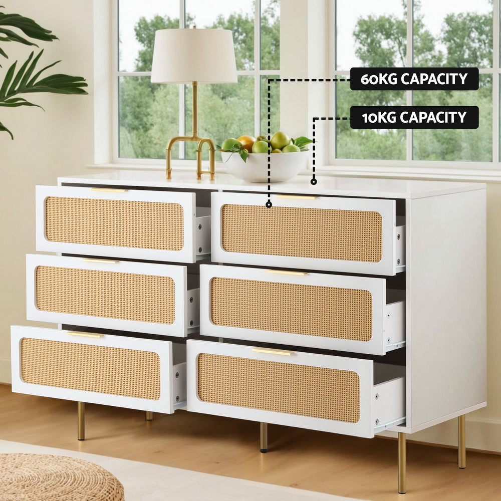 Byron 6-Drawer Rattan Tallboy – White & Pine