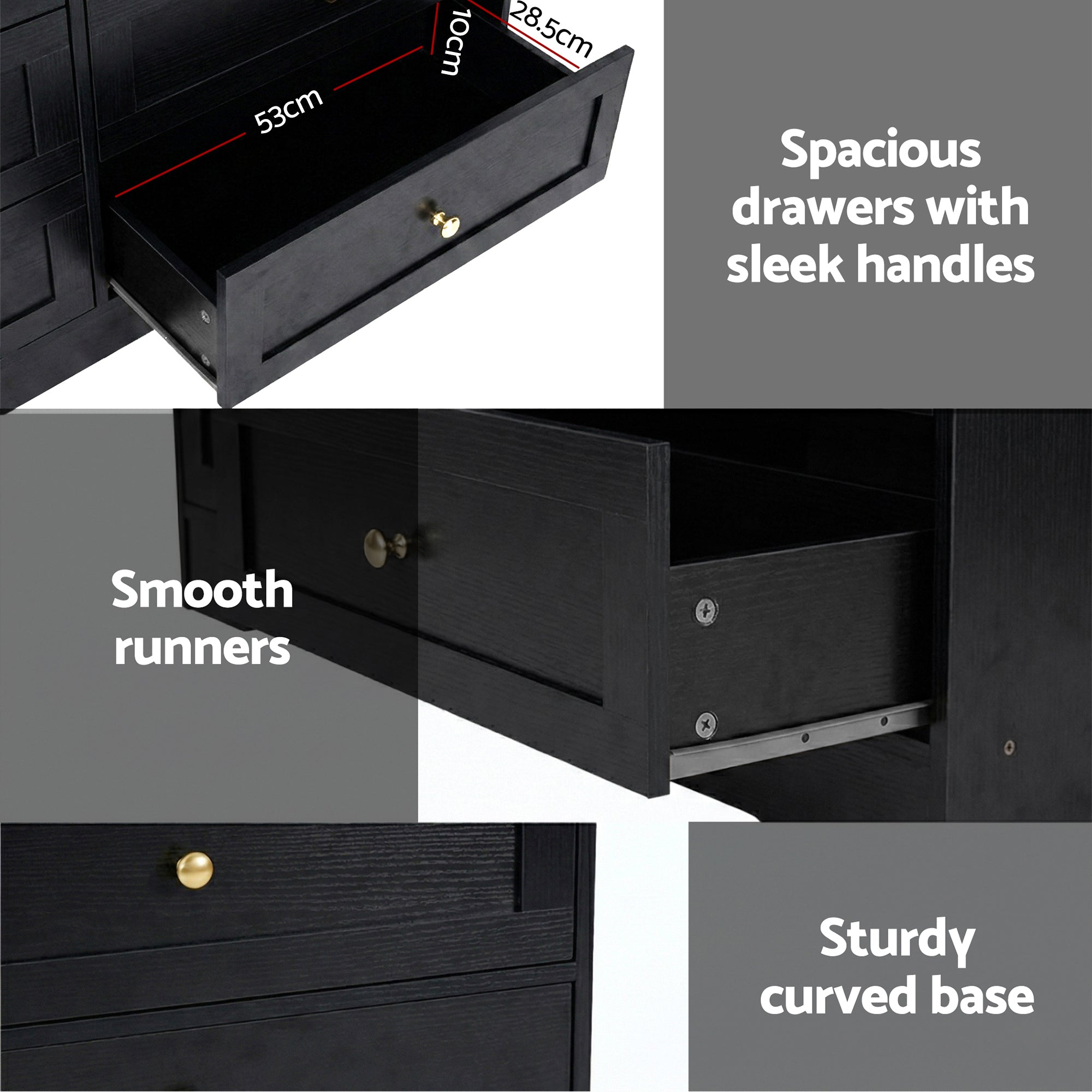 6 Drawer Tallboy Chest of Drawers Cabinet - Black
