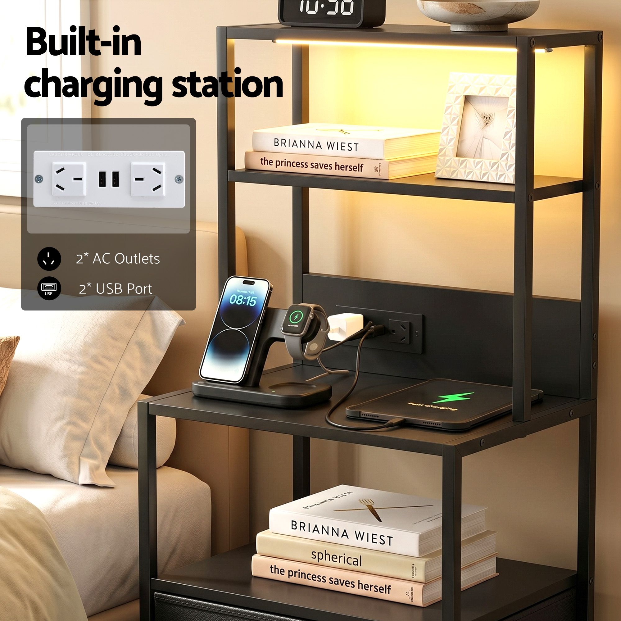 Tall Bedside Table Nightstand with Charging Station, Drawers & LED Lighting - Black