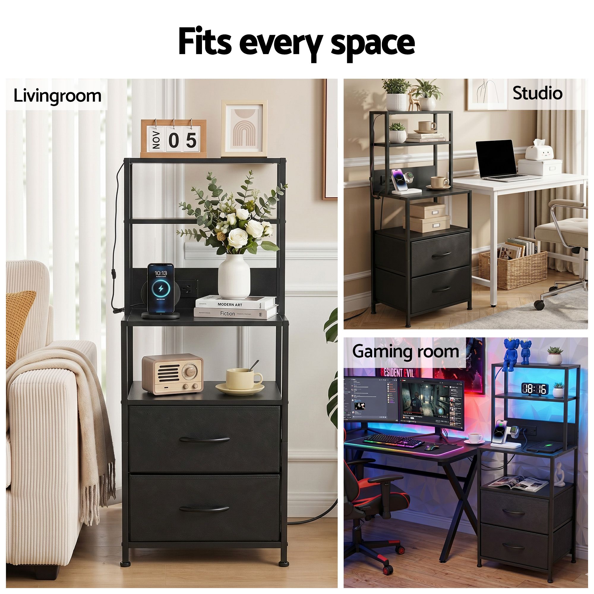 Tall Bedside Table Nightstand with Charging Station, Drawers & LED Lighting - Black