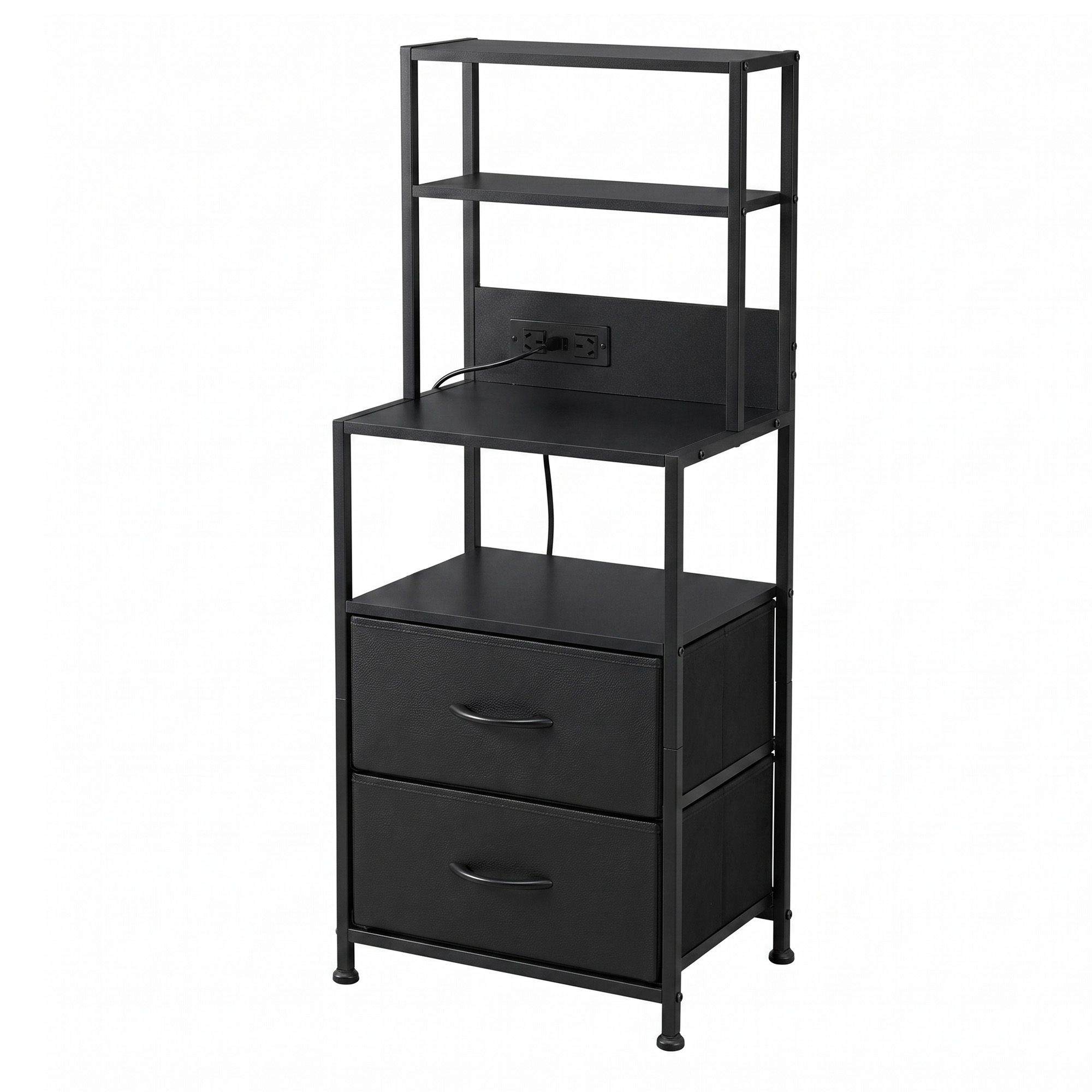 Tall Bedside Table Nightstand with Charging Station, Drawers & LED Lighting - Black