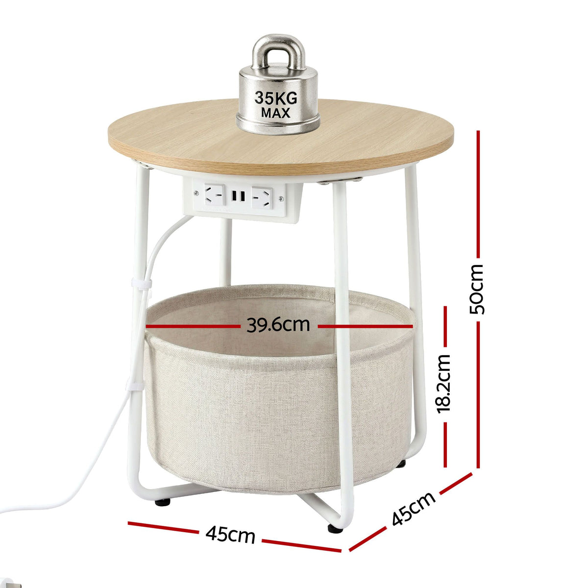 Set of 2 Round Coffee Tables with Charging Station and Storage Basket - Wood & White