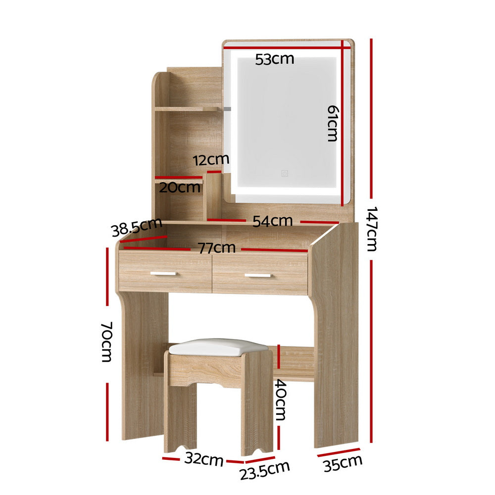 Dressing Table Set Stool Led Wood with LED mirror, wooden shelves, drawers, and cushioned stool with dimensions shown