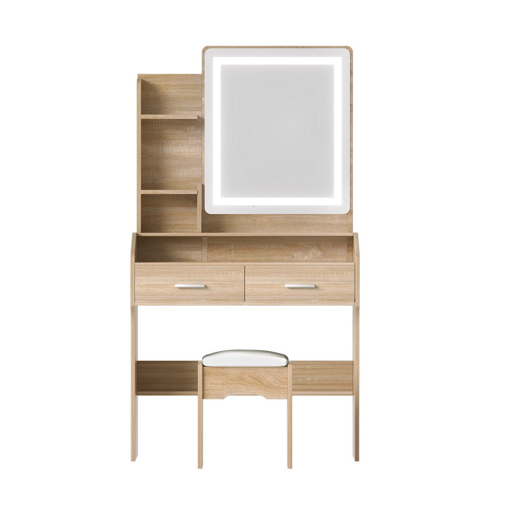 Dressing Table Set Stool Led Wood with illuminated makeup mirror, storage shelves, drawers, and cushioned stool in light wood finish