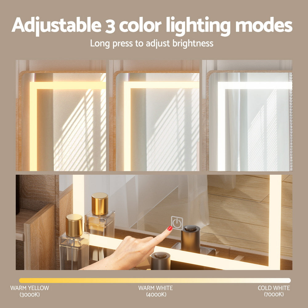 Dressing Table Set Stool Led Wood with adjustable LED mirror lighting in warm yellow, warm white, and cold white modes