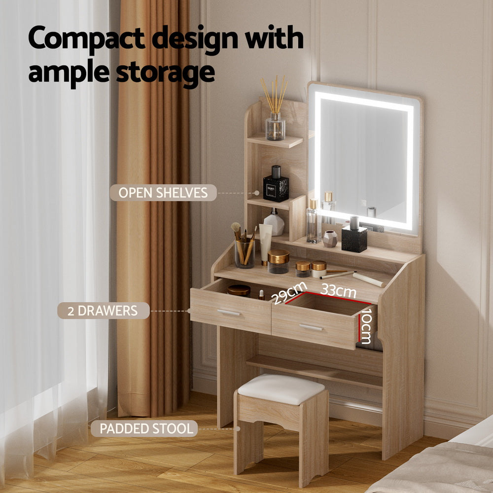 Dressing Table Set Stool Led Wood with LED mirror, open shelves, two drawers, and padded stool in light wood finish.