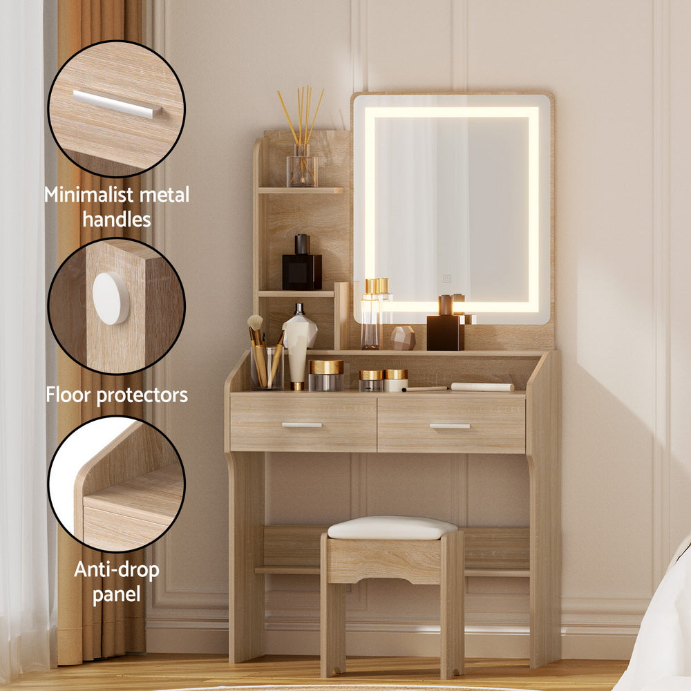 Dressing Table Set Stool Led Wood with LED-lit makeup mirror, drawers, stool, and minimalist metal handles in bedroom setting