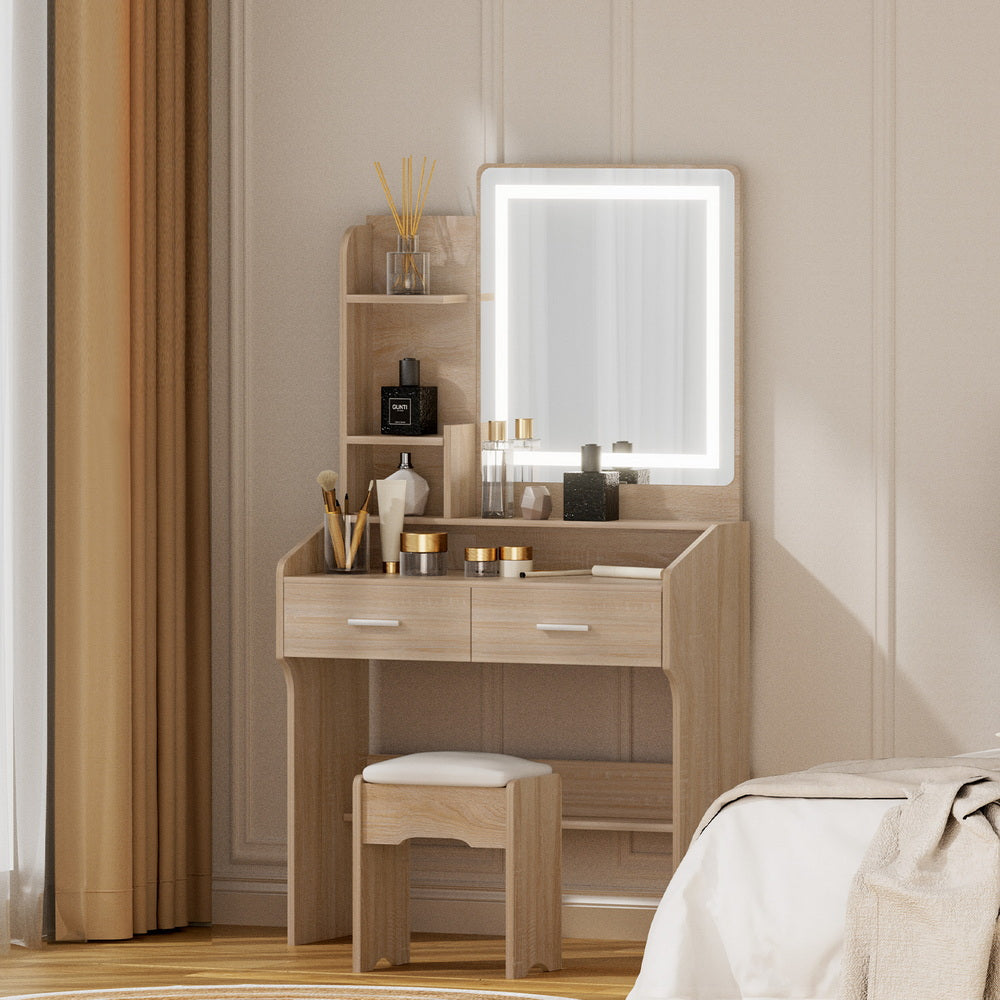 Dressing Table Set Stool Led Wood with lit makeup mirror, storage shelves, drawers, and cushioned stool in bedroom setting