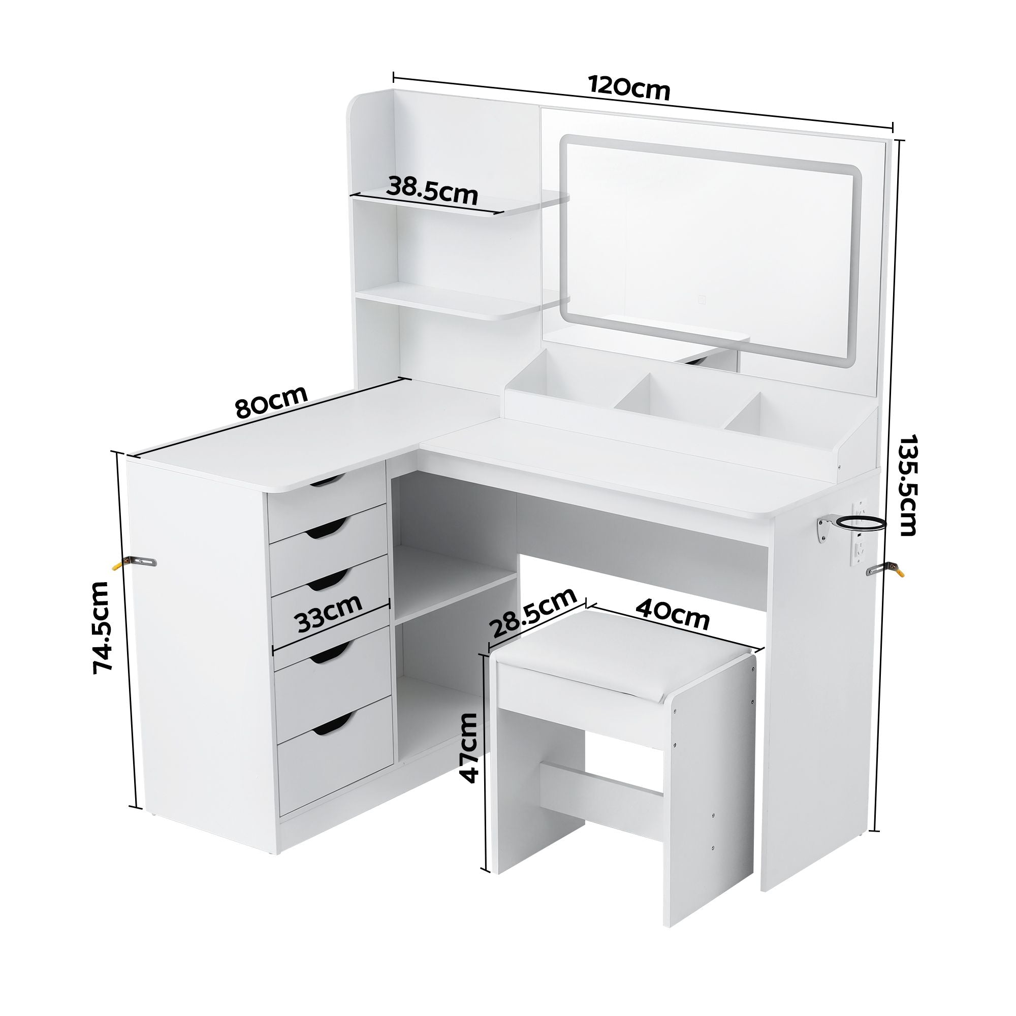 Dressing Table Corner Vanity Desk Set Stool LED Charging Station White