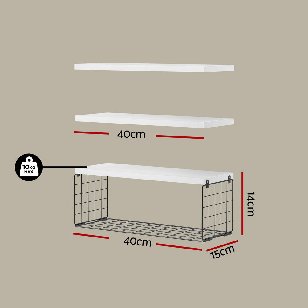 Floating Wall Shelf Set of 3 White with metal basket, 40cm wide shelves, 14cm high basket, shown with size dimensions