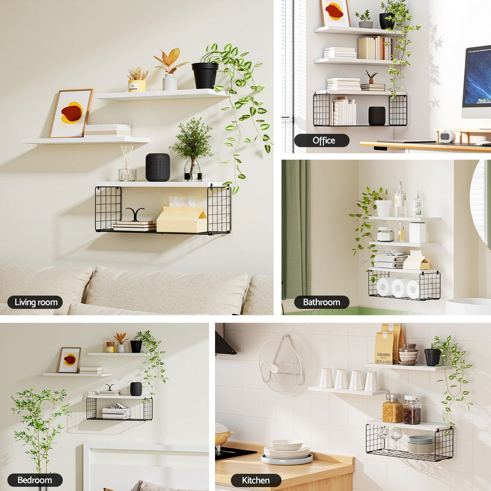 Floating Wall Shelf Set of 3 White with metal basket, styled in living room, office, bathroom, bedroom, and kitchen settings