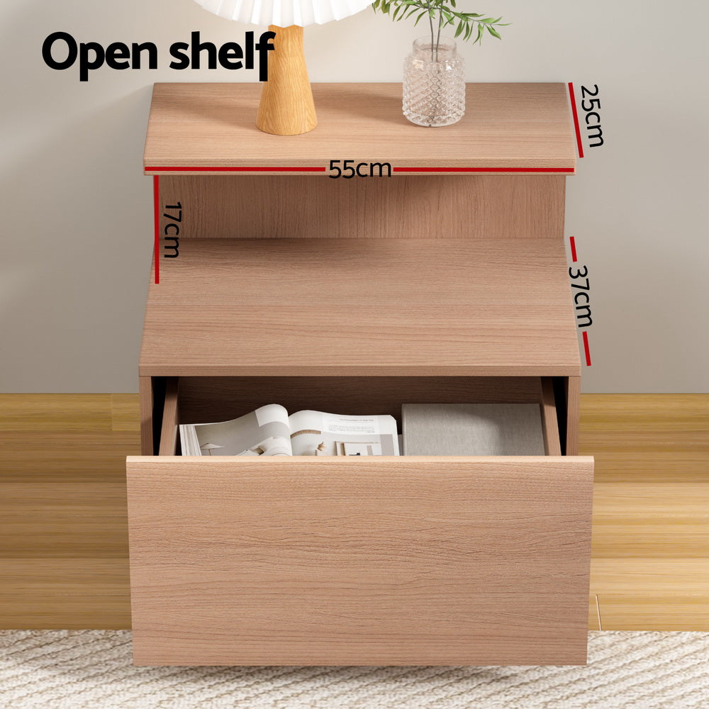 Contemporary Bedside Table with Shelf & Drawer - Pine