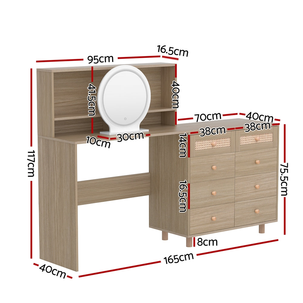 Dressing Table Set Stool LED Mirror Pine in pine wood with oval LED mirror and multiple storage compartments and drawers