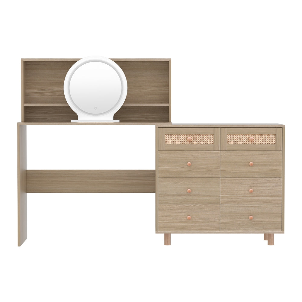 Dressing Table Set Stool LED Mirror Pine with multiple drawers, open shelving, and round LED-lit mirror in pine finish