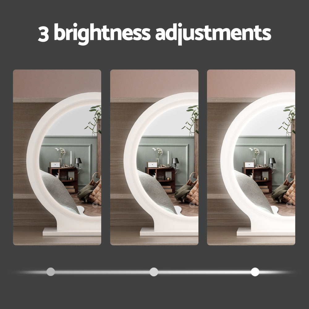 Dressing Table Set Stool LED Mirror Pine showing three brightness adjustments for the LED-lit mirror in bedroom setting