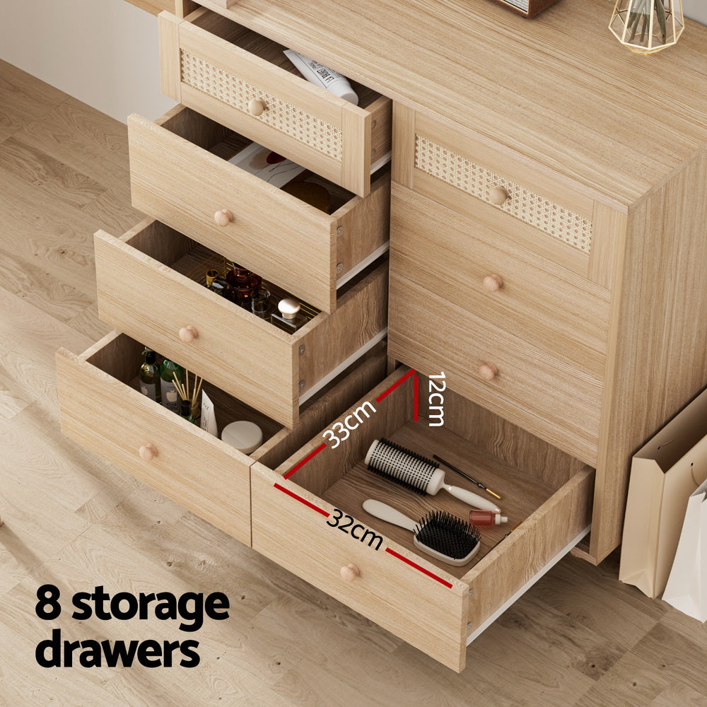 Dressing Table Set Stool LED Mirror Pine with eight spacious wooden drawers for bedroom storage on wood floor