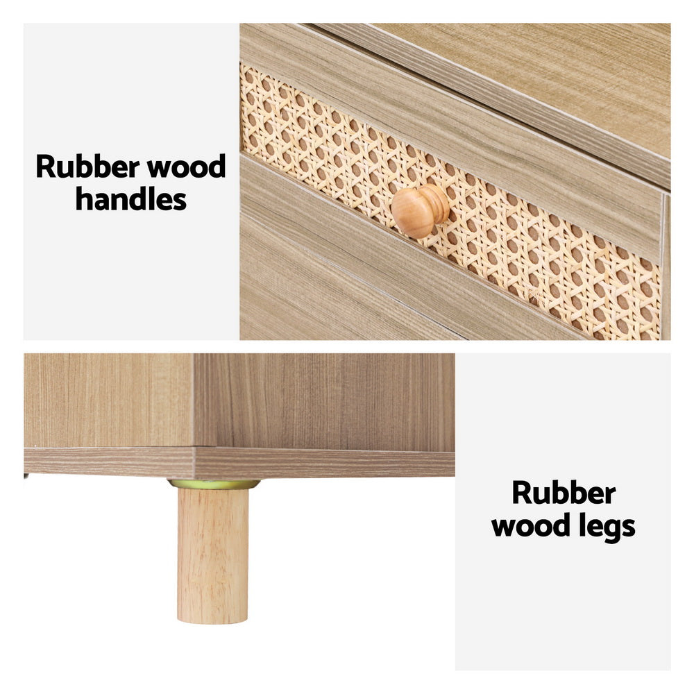 Close-up of Dressing Table Set Stool LED Mirror Pine showing rubber wood handles and legs with woven drawer detail