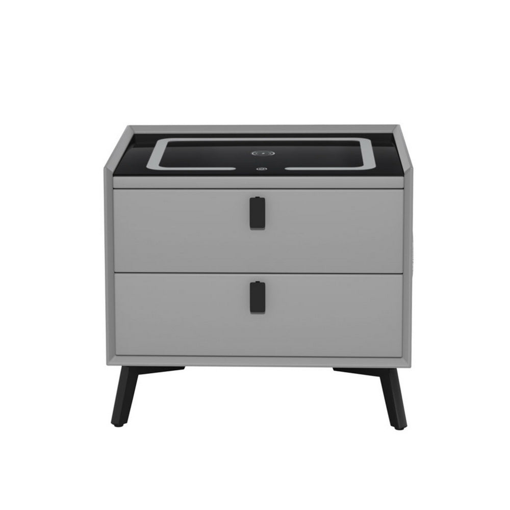 Aika Grey Smart Bedside Table with Wireless Charging, LED Lights, Bluetooth Speaker, two drawers, and black legs