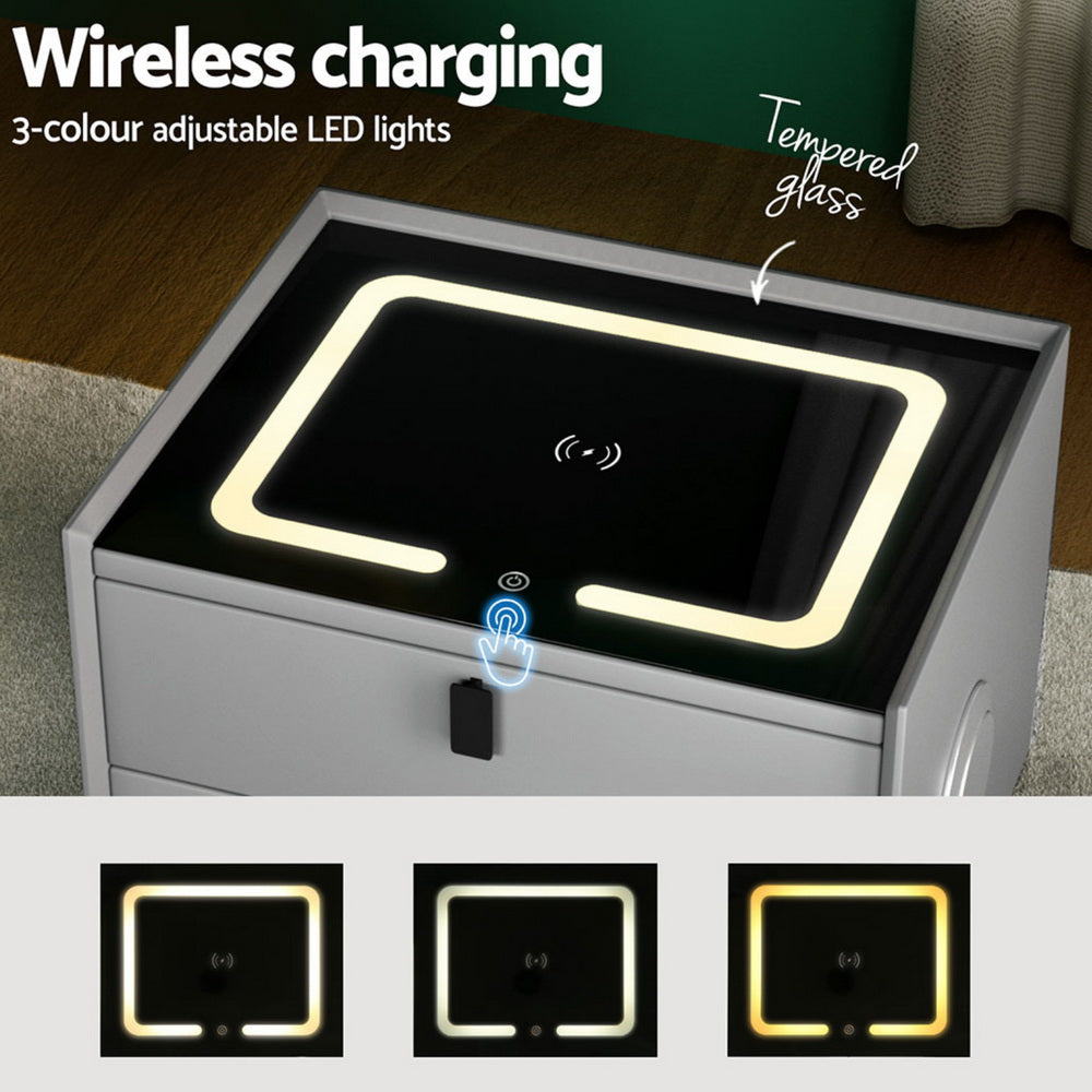 Aika Grey Smart Bedside Table with Wireless Charging, LED Lights, tempered glass top, and 3-color adjustable lighting