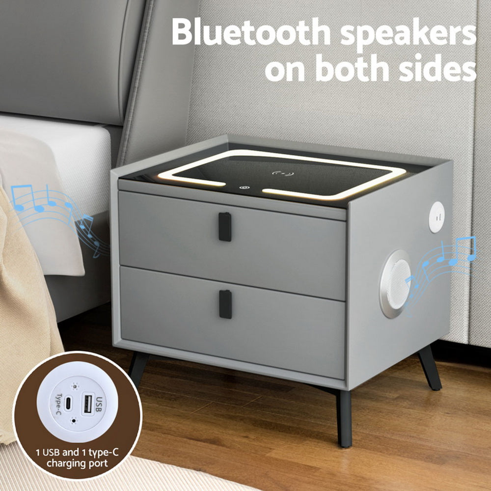 Aika Grey Smart Bedside Table with Wireless Charging, LED Lights & Bluetooth Speaker - Grey with drawers and charging ports