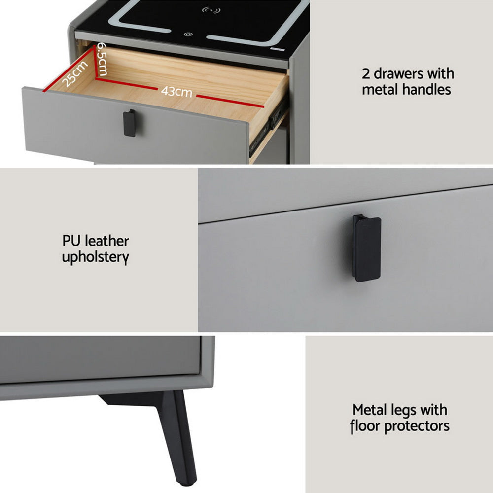 Aika Grey Smart Bedside Table with Wireless Charging, LED Lights & Bluetooth Speaker featuring two drawers and metal legs with floor protectors