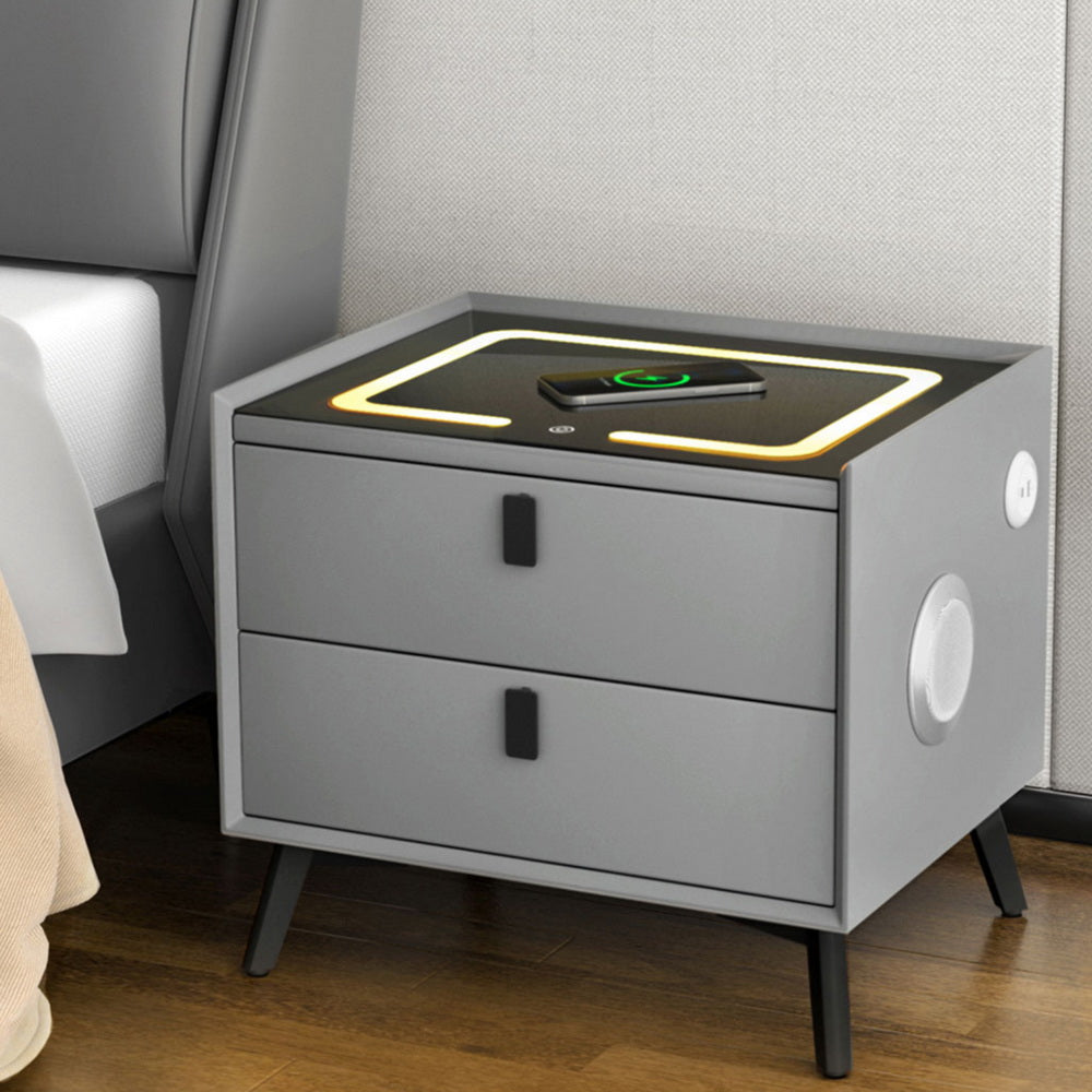 Aika Grey Smart Bedside Table with Wireless Charging, LED Lights & Bluetooth Speaker in gray with two drawers and modern design