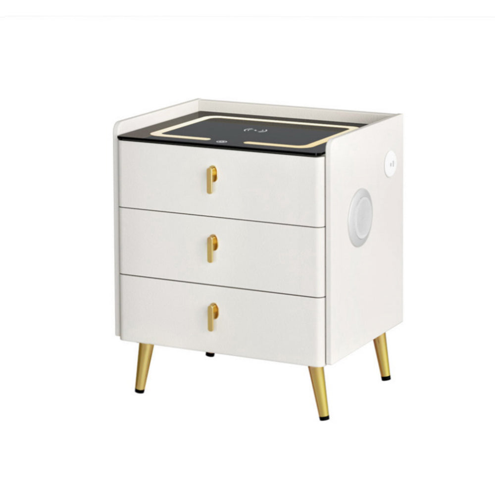 3 Drawer Smart Bedside Table with Wireless Charging, LED Lights & Bluetooth Speakers - White