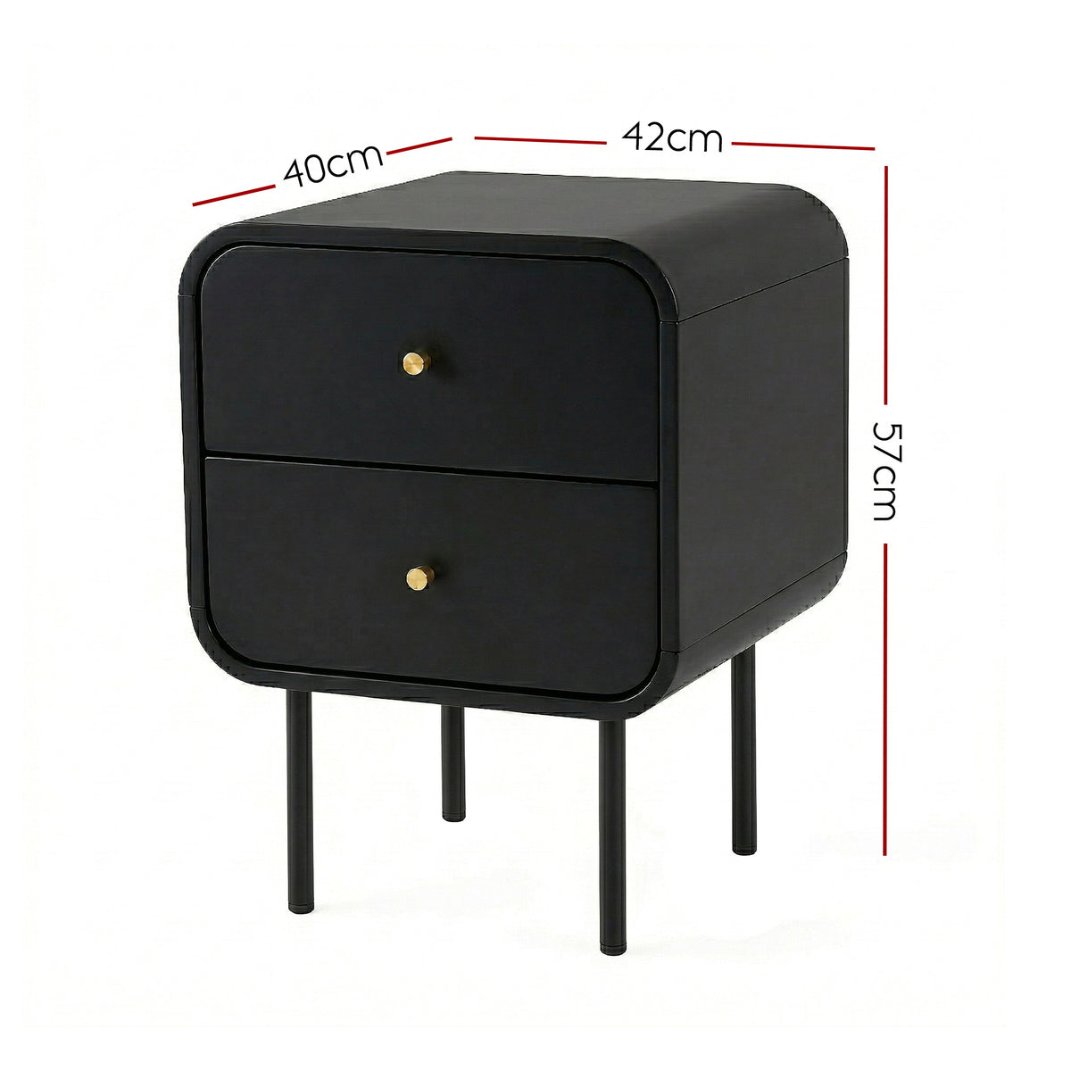 Bedside Table with 2 Drawers and Metal Handles - Black