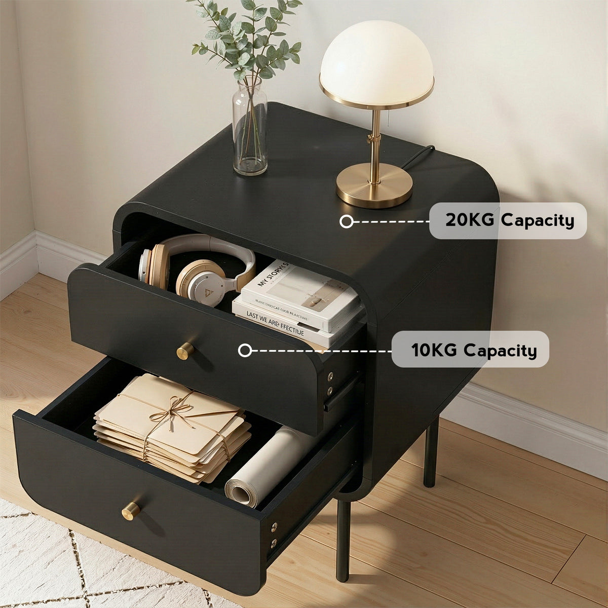 Bedside Table with 2 Drawers and Metal Handles - Black